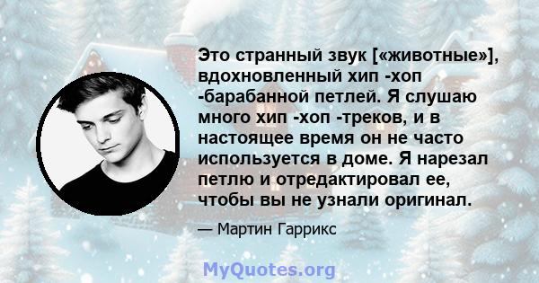 Это странный звук [«животные»], вдохновленный хип -хоп -барабанной петлей. Я слушаю много хип -хоп -треков, и в настоящее время он не часто используется в доме. Я нарезал петлю и отредактировал ее, чтобы вы не узнали