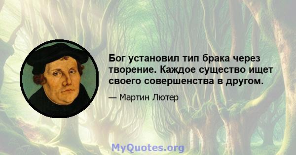 Бог установил тип брака через творение. Каждое существо ищет своего совершенства в другом.