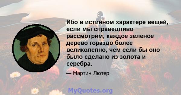 Ибо в истинном характере вещей, если мы справедливо рассмотрим, каждое зеленое дерево гораздо более великолепно, чем если бы оно было сделано из золота и серебра.