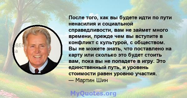 После того, как вы будете идти по пути ненасилия и социальной справедливости, вам не займет много времени, прежде чем вы вступите в конфликт с культурой, с обществом. Вы не можете знать, что поставлено на карту или