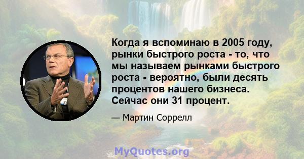 Когда я вспоминаю в 2005 году, рынки быстрого роста - то, что мы называем рынками быстрого роста - вероятно, были десять процентов нашего бизнеса. Сейчас они 31 процент.