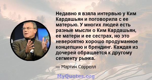 Недавно я взяла интервью у Ким Кардашьян и поговорила с ее матерью. У многих людей есть разные мысли о Ким Кардашьян, ее матери и ее сестрах, но это невероятно хорошо продуманное концепцию и брендинг. Каждая из дочерей