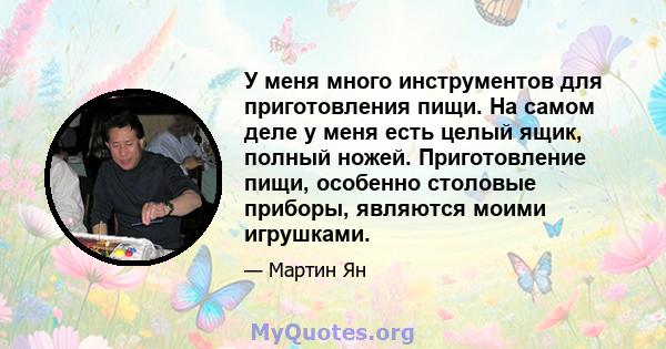 У меня много инструментов для приготовления пищи. На самом деле у меня есть целый ящик, полный ножей. Приготовление пищи, особенно столовые приборы, являются моими игрушками.