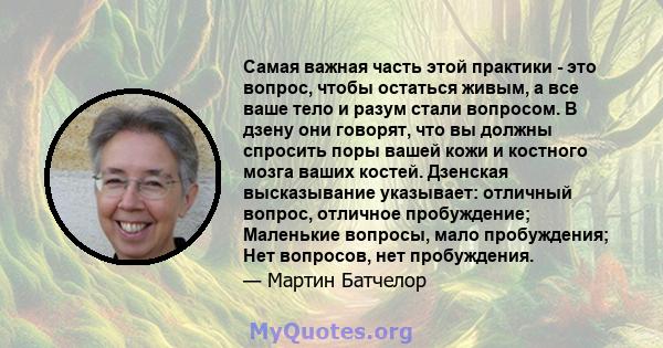 Самая важная часть этой практики - это вопрос, чтобы остаться живым, а все ваше тело и разум стали вопросом. В дзену они говорят, что вы должны спросить поры вашей кожи и костного мозга ваших костей. Дзенская