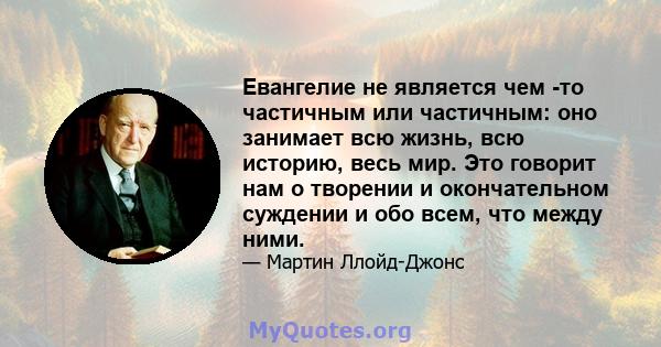 Евангелие не является чем -то частичным или частичным: оно занимает всю жизнь, всю историю, весь мир. Это говорит нам о творении и окончательном суждении и обо всем, что между ними.