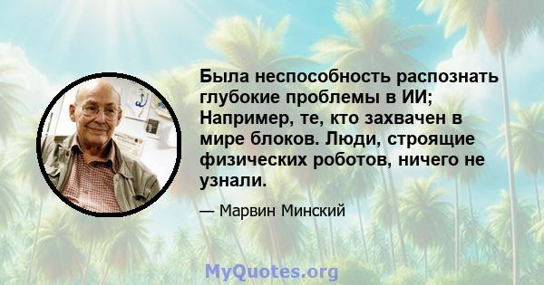 Была неспособность распознать глубокие проблемы в ИИ; Например, те, кто захвачен в мире блоков. Люди, строящие физических роботов, ничего не узнали.