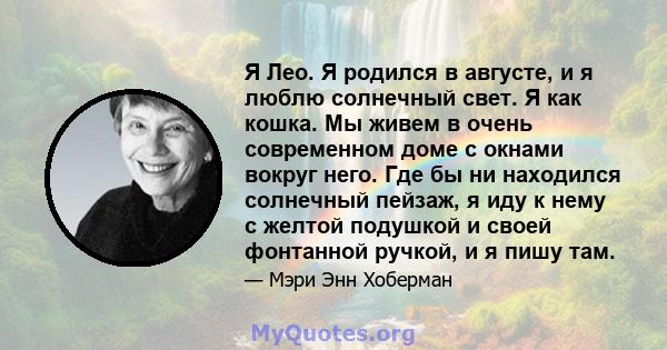 Я Лео. Я родился в августе, и я люблю солнечный свет. Я как кошка. Мы живем в очень современном доме с окнами вокруг него. Где бы ни находился солнечный пейзаж, я иду к нему с желтой подушкой и своей фонтанной ручкой, и 