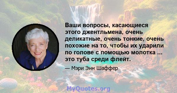 Ваши вопросы, касающиеся этого джентльмена, очень деликатные, очень тонкие, очень похожие на то, чтобы их ударили по голове с помощью молотка ... это туба среди флейт.