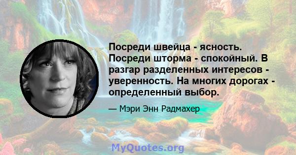 Посреди швейца - ясность. Посреди шторма - спокойный. В разгар разделенных интересов - уверенность. На многих дорогах - определенный выбор.