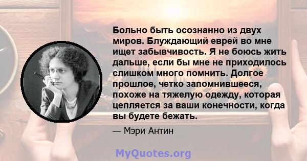 Больно быть осознанно из двух миров. Блуждающий еврей во мне ищет забывчивость. Я не боюсь жить дальше, если бы мне не приходилось слишком много помнить. Долгое прошлое, четко запомнившееся, похоже на тяжелую одежду,