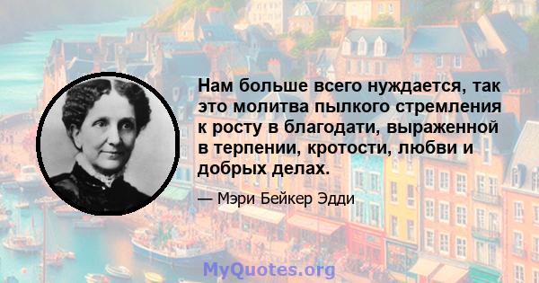 Нам больше всего нуждается, так это молитва пылкого стремления к росту в благодати, выраженной в терпении, кротости, любви и добрых делах.