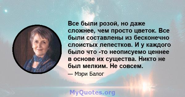 Все были розой, но даже сложнее, чем просто цветок. Все были составлены из бесконечно слоистых лепестков. И у каждого было что -то неописуемо ценнее в основе их существа. Никто не был мелким. Не совсем.