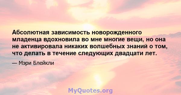 Абсолютная зависимость новорожденного младенца вдохновила во мне многие вещи, но она не активировала никаких волшебных знаний о том, что делать в течение следующих двадцати лет.