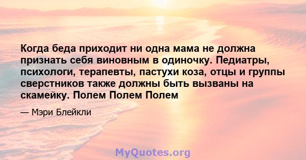 Когда беда приходит ни одна мама не должна признать себя виновным в одиночку. Педиатры, психологи, терапевты, пастухи коза, отцы и группы сверстников также должны быть вызваны на скамейку. Полем Полем Полем