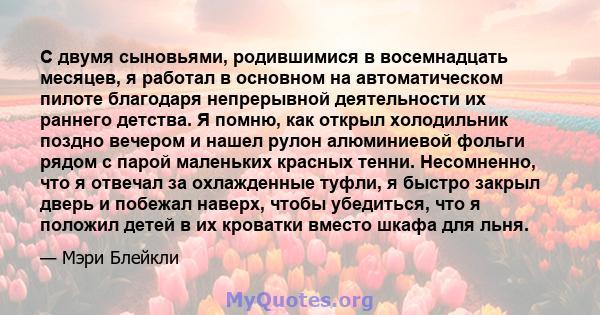 С двумя сыновьями, родившимися в восемнадцать месяцев, я работал в основном на автоматическом пилоте благодаря непрерывной деятельности их раннего детства. Я помню, как открыл холодильник поздно вечером и нашел рулон