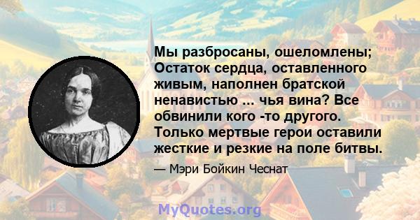 Мы разбросаны, ошеломлены; Остаток сердца, оставленного живым, наполнен братской ненавистью ... чья вина? Все обвинили кого -то другого. Только мертвые герои оставили жесткие и резкие на поле битвы.