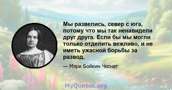 Мы развелись, север с юга, потому что мы так ненавидели друг друга. Если бы мы могли только отделить вежливо, и не иметь ужасной борьбы за развод.