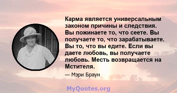 Карма является универсальным законом причины и следствия. Вы пожинаете то, что сеете. Вы получаете то, что зарабатываете. Вы то, что вы едите. Если вы даете любовь, вы получаете любовь. Месть возвращается на Мстителя.