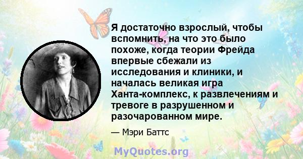 Я достаточно взрослый, чтобы вспомнить, на что это было похоже, когда теории Фрейда впервые сбежали из исследования и клиники, и началась великая игра Ханта-комплекс, к развлечениям и тревоге в разрушенном и