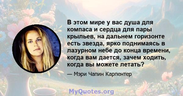 В этом мире у вас душа для компаса и сердца для пары крыльев, на дальнем горизонте есть звезда, ярко поднимаясь в лазурном небе до конца времени, когда вам дается, зачем ходить, когда вы можете летать?