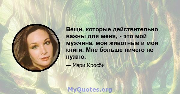 Вещи, которые действительно важны для меня, - это мой мужчина, мои животные и мои книги. Мне больше ничего не нужно.