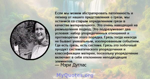 Если мы можем абстрагировать патогенность и гигиену от нашего представления о грязи, мы остаемся со старым определением грязи в качестве материального. Это очень наводящий на размышления подход. Это подразумевает два