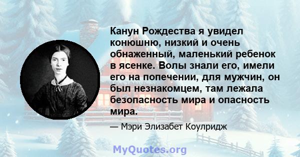 Канун Рождества я увидел конюшню, низкий и очень обнаженный, маленький ребенок в ясенке. Волы знали его, имели его на попечении, для мужчин, он был незнакомцем, там лежала безопасность мира и опасность мира.