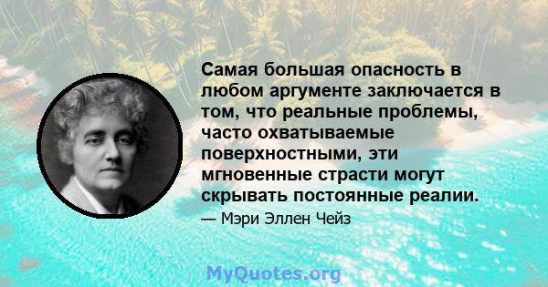 Самая большая опасность в любом аргументе заключается в том, что реальные проблемы, часто охватываемые поверхностными, эти мгновенные страсти могут скрывать постоянные реалии.