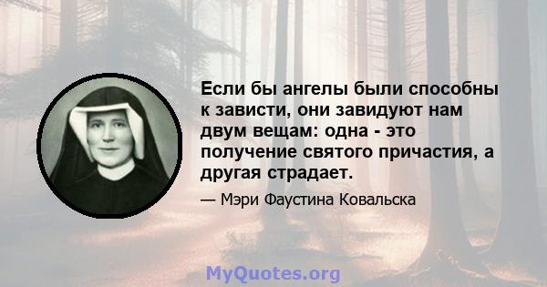 Если бы ангелы были способны к зависти, они завидуют нам двум вещам: одна - это получение святого причастия, а другая страдает.