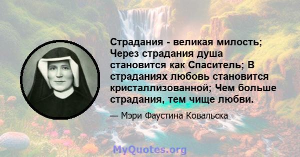 Страдания - великая милость; Через страдания душа становится как Спаситель; В страданиях любовь становится кристаллизованной; Чем больше страдания, тем чище любви.