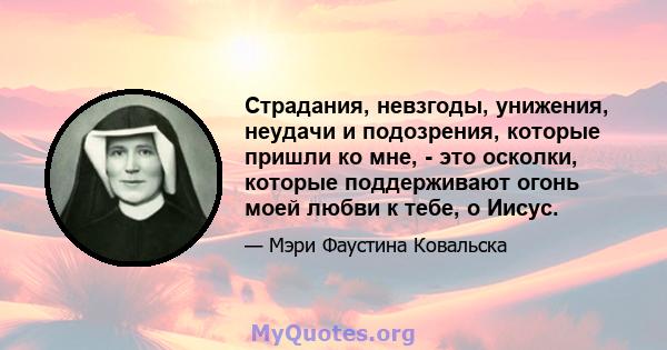 Страдания, невзгоды, унижения, неудачи и подозрения, которые пришли ко мне, - это осколки, которые поддерживают огонь моей любви к тебе, о Иисус.