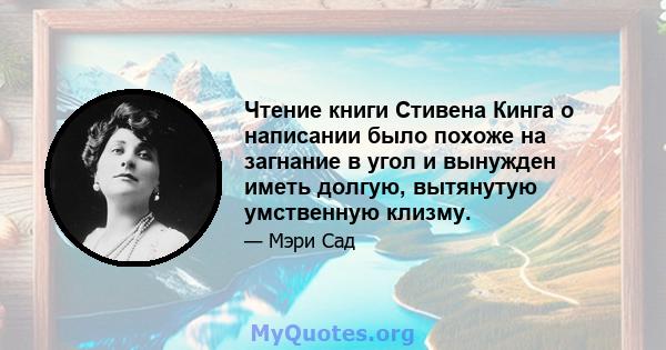 Чтение книги Стивена Кинга о написании было похоже на загнание в угол и вынужден иметь долгую, вытянутую умственную клизму.