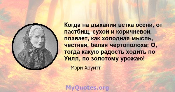 Когда на дыхании ветка осени, от пастбищ, сухой и коричневой, плавает, как холодная мысль, честная, белая чертополоха; О, тогда какую радость ходить по Уилл, по золотому урожаю!