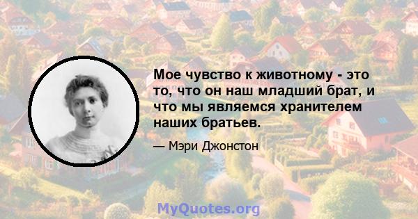 Мое чувство к животному - это то, что он наш младший брат, и что мы являемся хранителем наших братьев.