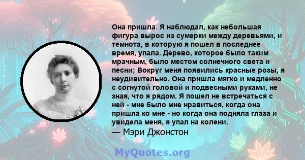 Она пришла. Я наблюдал, как небольшая фигура вырос из сумерки между деревьями, и темнота, в которую я пошел в последнее время, упала. Дерево, которое было таким мрачным, было местом солнечного света и песни; Вокруг меня 