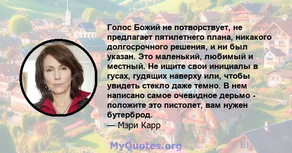 Голос Божий не потворствует, не предлагает пятилетнего плана, никакого долгосрочного решения, и ни был указан. Это маленький, любимый и местный. Не ищите свои инициалы в гусах, гудящих наверху или, чтобы увидеть стекло