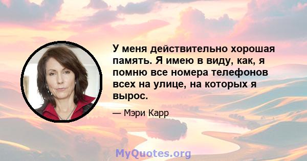 У меня действительно хорошая память. Я имею в виду, как, я помню все номера телефонов всех на улице, на которых я вырос.