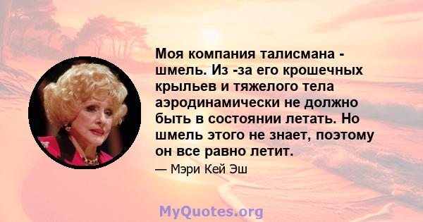 Моя компания талисмана - шмель. Из -за его крошечных крыльев и тяжелого тела аэродинамически не должно быть в состоянии летать. Но шмель этого не знает, поэтому он все равно летит.