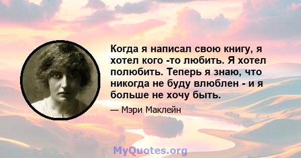 Когда я написал свою книгу, я хотел кого -то любить. Я хотел полюбить. Теперь я знаю, что никогда не буду влюблен - и я больше не хочу быть.