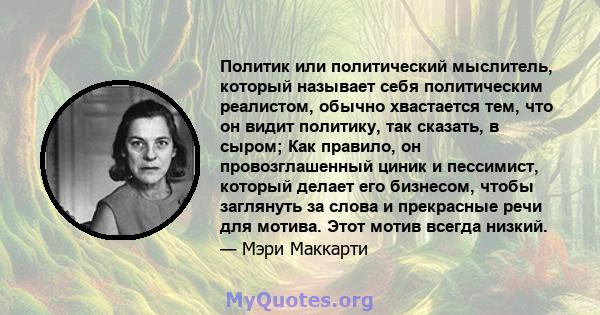 Политик или политический мыслитель, который называет себя политическим реалистом, обычно хвастается тем, что он видит политику, так сказать, в сыром; Как правило, он провозглашенный циник и пессимист, который делает его 