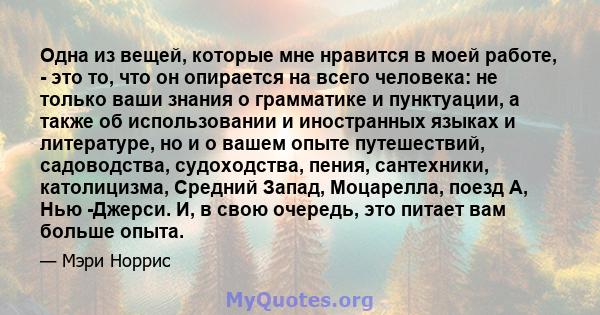 Одна из вещей, которые мне нравится в моей работе, - это то, что он опирается на всего человека: не только ваши знания о грамматике и пунктуации, а также об использовании и иностранных языках и литературе, но и о вашем