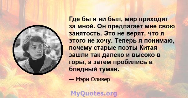 Где бы я ни был, мир приходит за мной. Он предлагает мне свою занятость. Это не верят, что я этого не хочу. Теперь я понимаю, почему старые поэты Китая зашли так далеко и высоко в горы, а затем пробились в бледный туман.