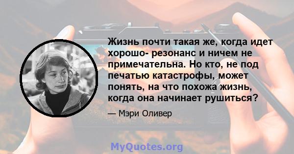 Жизнь почти такая же, когда идет хорошо- резонанс и ничем не примечательна. Но кто, не под печатью катастрофы, может понять, на что похожа жизнь, когда она начинает рушиться?