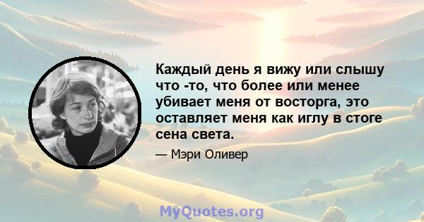 Каждый день я вижу или слышу что -то, что более или менее убивает меня от восторга, это оставляет меня как иглу в стоге сена света.