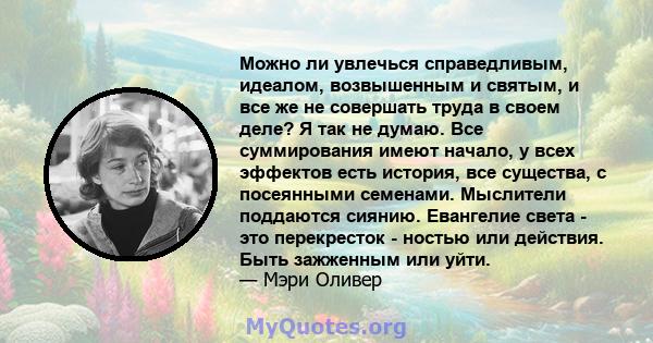 Можно ли увлечься справедливым, идеалом, возвышенным и святым, и все же не совершать труда в своем деле? Я так не думаю. Все суммирования имеют начало, у всех эффектов есть история, все существа, с посеянными семенами.