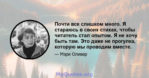 Почти все слишком много. Я стараюсь в своих стихах, чтобы читатель стал опытом. Я не хочу быть там. Это даже не прогулка, которую мы проводим вместе.