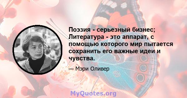 Поэзия - серьезный бизнес; Литература - это аппарат, с помощью которого мир пытается сохранить его важные идеи и чувства.