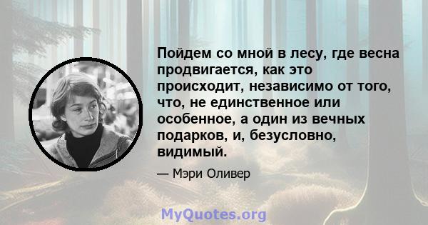 Пойдем со мной в лесу, где весна продвигается, как это происходит, независимо от того, что, не единственное или особенное, а один из вечных подарков, и, безусловно, видимый.