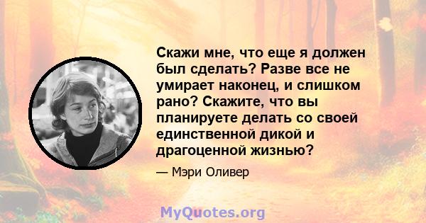 Скажи мне, что еще я должен был сделать? Разве все не умирает наконец, и слишком рано? Скажите, что вы планируете делать со своей единственной дикой и драгоценной жизнью?