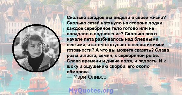 Сколько загадок вы видели в своей жизни? Сколько сетей натянуло на стороне лодки, каждое серебряное тело готово или не попадало в подчинение? Сколько роз в начале лета разбивалось над бледными песками, а затем отступает 